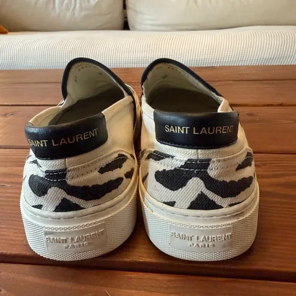 Saint Laurent Black and White Animal Print Slip-Ons