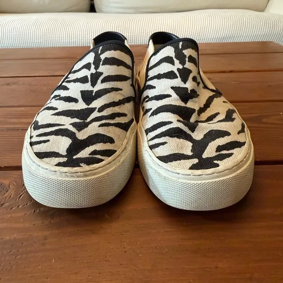 Saint Laurent Black and White Animal Print Slip-Ons