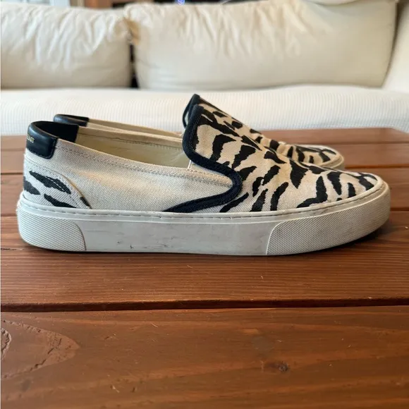 Saint Laurent Black and White Animal Print Slip-Ons