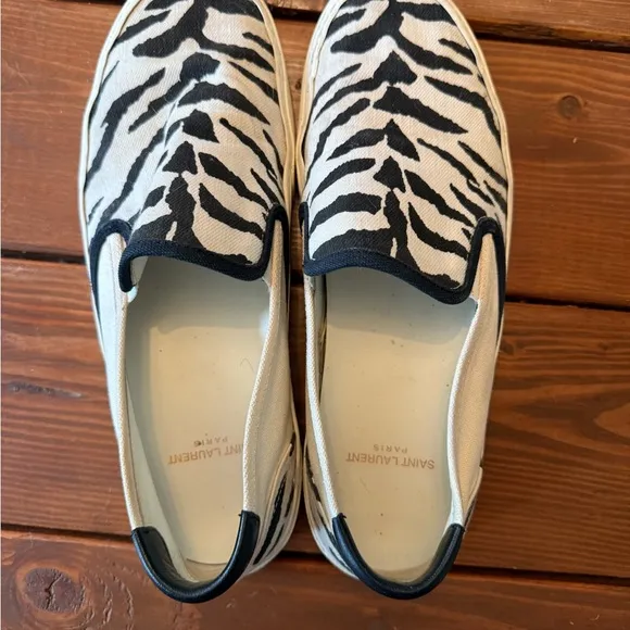 Saint Laurent Black and White Animal Print Slip-Ons