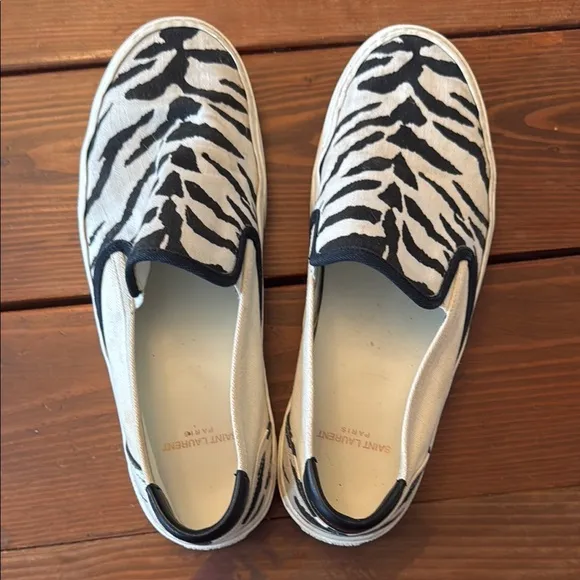 Saint Laurent Black and White Animal Print Slip-Ons