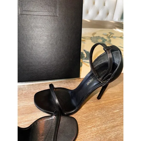 Saint Laurent Jane Heels Ankle Strap Black Leather Sandals Size 38