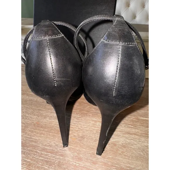 Saint Laurent Jane Heels Ankle Strap Black Leather Sandals Size 38