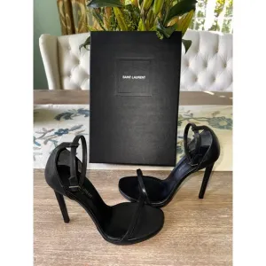 Saint Laurent Jane Heels Ankle Strap Black Leather Sandals Size 38