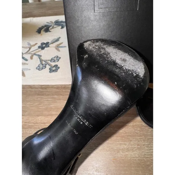 Saint Laurent Jane Heels Ankle Strap Black Leather Sandals Size 38