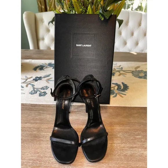 Saint Laurent Jane Heels Ankle Strap Black Leather Sandals Size 38