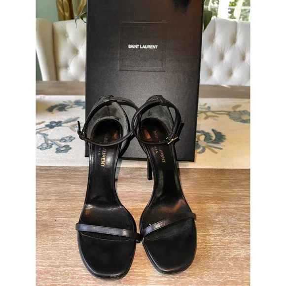 Saint Laurent Jane Heels Ankle Strap Black Leather Sandals Size 38