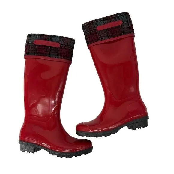 Salvatore Ferragamo Wellington Red Rain Boots Plaid Cuff Designer Display Sz 8
