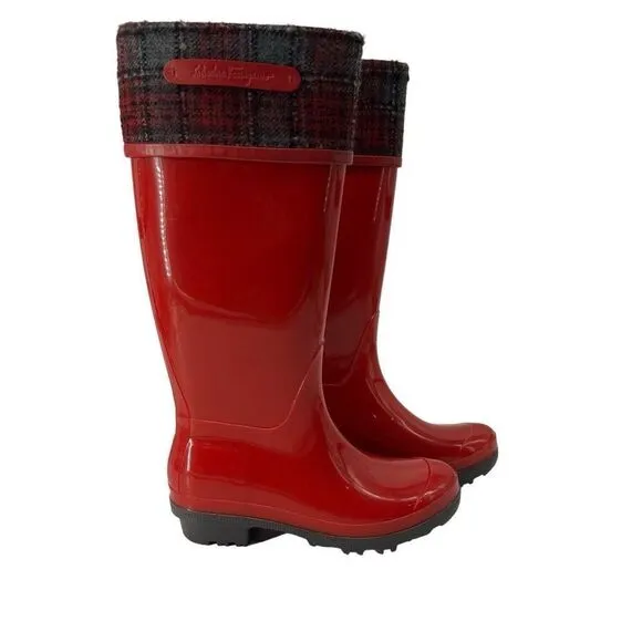 Salvatore Ferragamo Wellington Red Rain Boots Plaid Cuff Designer Display Sz 8