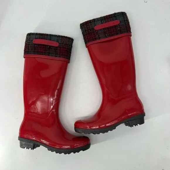 Salvatore Ferragamo Wellington Red Rain Boots Plaid Cuff Designer Display Sz 8