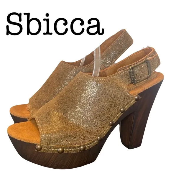 Sbicca Metallic Leather Slingback Peeptoe Platform Sandals Size 10