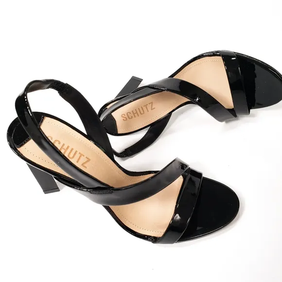 Schutz Kelly Patent Leather Dress Heeled Sandals Black