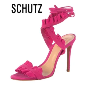 Schutz PINK Suede Ruffle Embellishment Sandals Heels 4&quot; Heels
