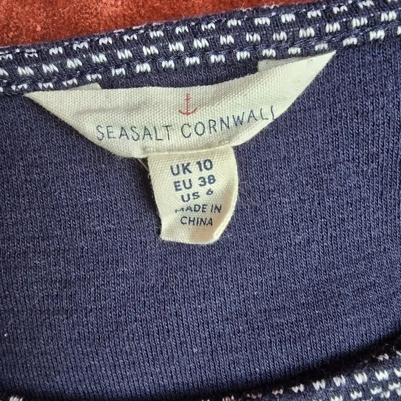 Seasalt Cornwall Navy &amp; Dot Mini Cotton Shift Dress 3/4 Sleeves &amp; Pockets Sz. 6