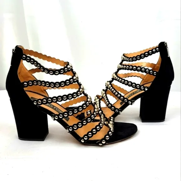 Sergio Rossi Black Strappy Studs Block Heels Sandals size 39