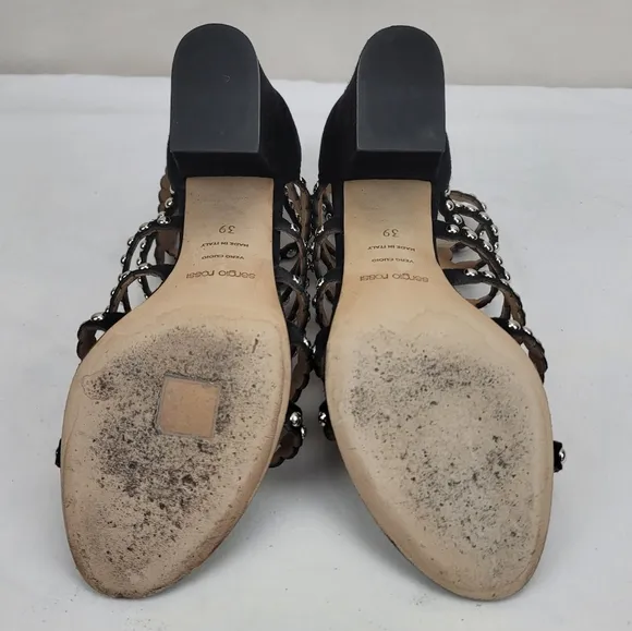 Sergio Rossi Black Strappy Studs Block Heels Sandals size 39