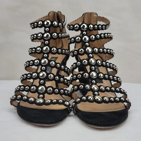 Sergio Rossi Black Strappy Studs Block Heels Sandals size 39