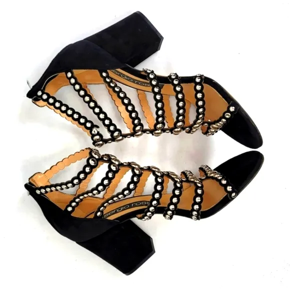 Sergio Rossi Black Strappy Studs Block Heels Sandals size 39