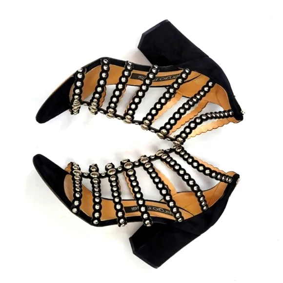 Sergio Rossi Black Strappy Studs Block Heels Sandals size 39