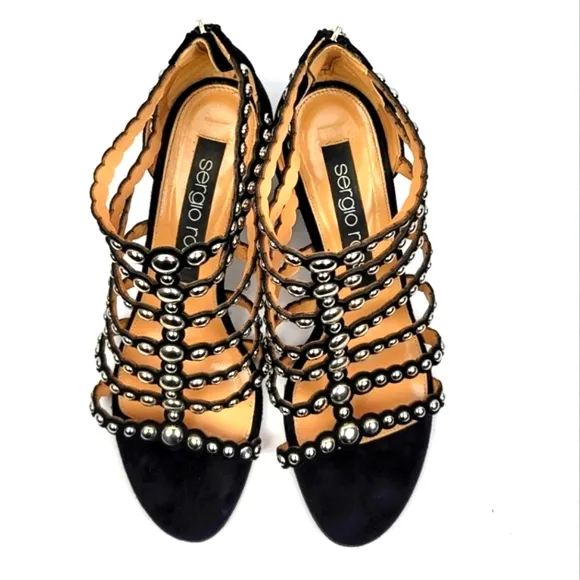 Sergio Rossi Black Strappy Studs Block Heels Sandals size 39