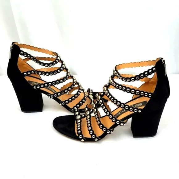 Sergio Rossi Black Strappy Studs Block Heels Sandals size 39