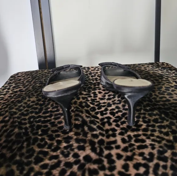 SEXY ELEGANT BLACK SATAN &amp; BOW SLIDES SANDALS SHOES HEELS SIZE 11