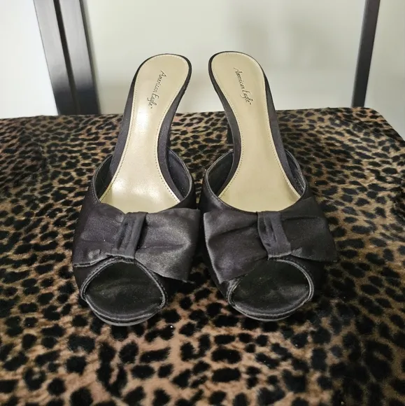 SEXY ELEGANT BLACK SATAN &amp; BOW SLIDES SANDALS SHOES HEELS SIZE 11