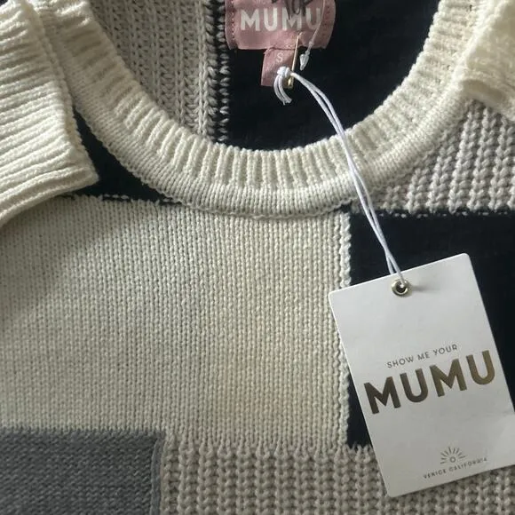SHOW ME YOUR MUMU NWT Ember Black Cream Grey Patchwork Knit Tunic Sweater S