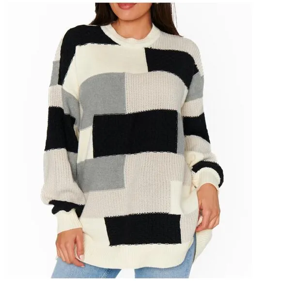SHOW ME YOUR MUMU NWT Ember Black Cream Grey Patchwork Knit Tunic Sweater S
