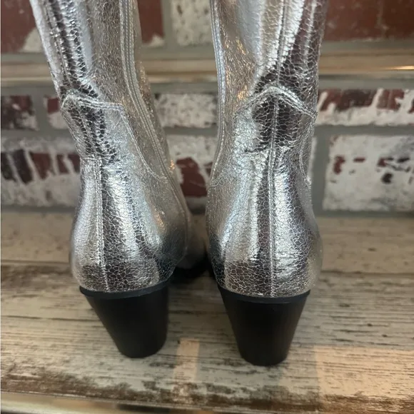 SILVER zip up ,reinforced designed metal square toe, boots- practically NEW: