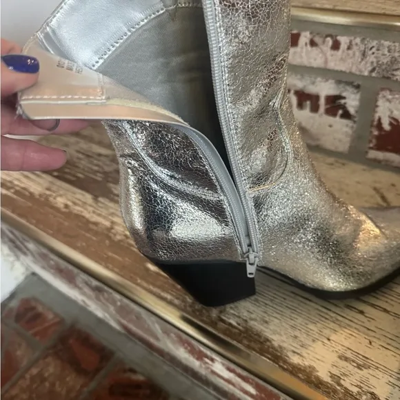 SILVER zip up ,reinforced designed metal square toe, boots- practically NEW: