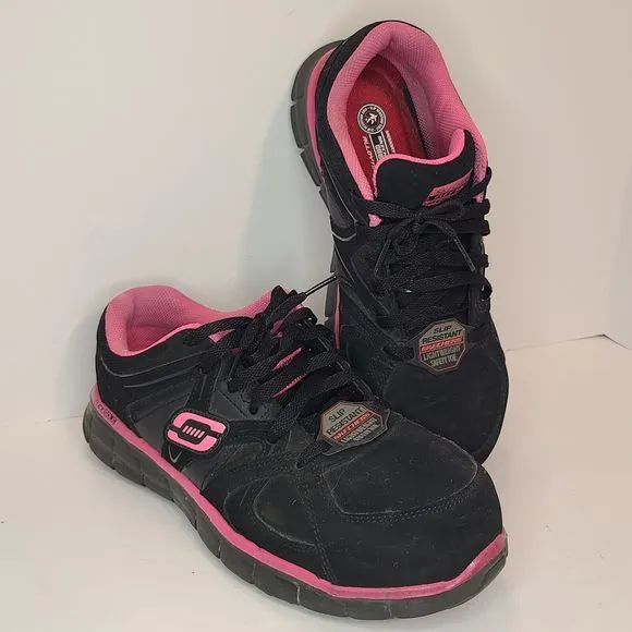 Skechers Women's (9) Black &amp; Pink Synergy Sandlot Alloy Toe Work Shoes 76553