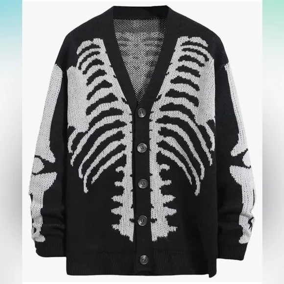 skull skeleton sweater button cardigan goth punk black grandpacore Halloween