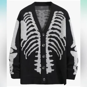 skull skeleton sweater button cardigan goth punk black grandpacore Halloween