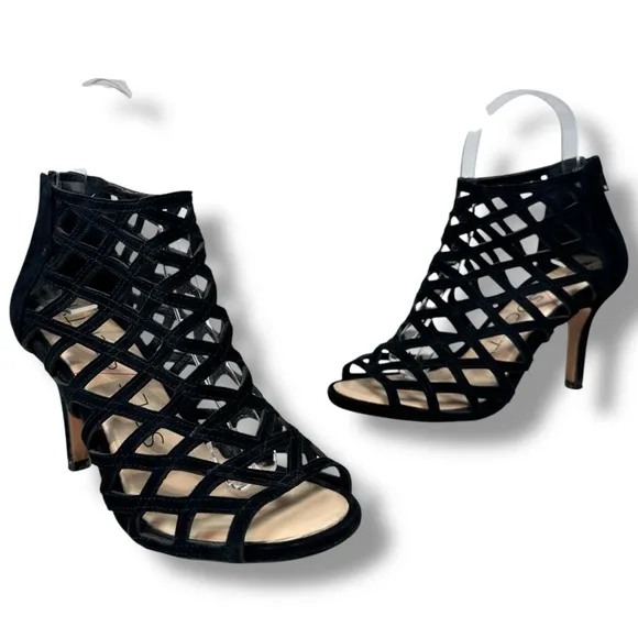 Sole Society Black Cage Sandals Portia Gladiator Suede Leather Heels, Size 5.5
