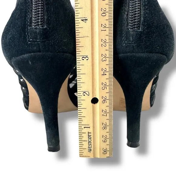 Sole Society Black Cage Sandals Portia Gladiator Suede Leather Heels, Size 5.5