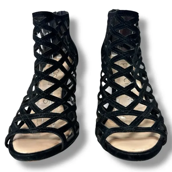 Sole Society Black Cage Sandals Portia Gladiator Suede Leather Heels, Size 5.5