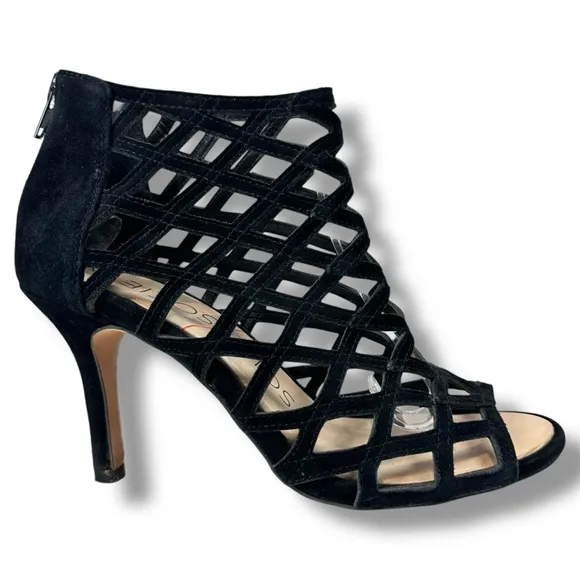 Sole Society Black Cage Sandals Portia Gladiator Suede Leather Heels, Size 5.5