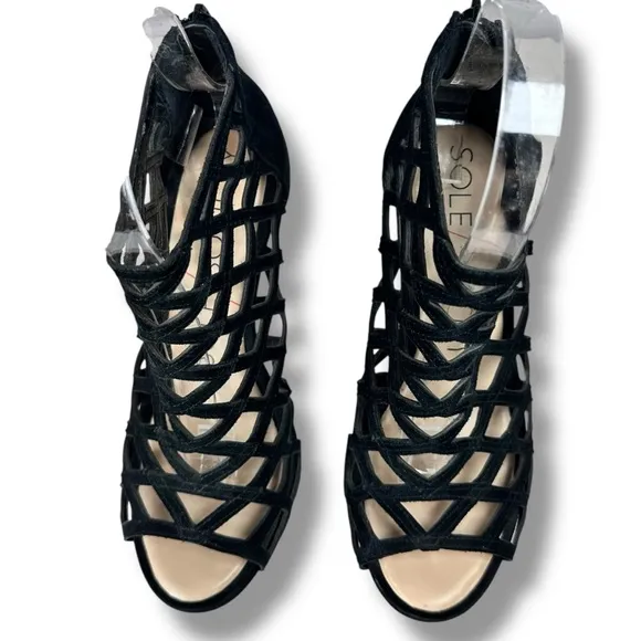 Sole Society Black Cage Sandals Portia Gladiator Suede Leather Heels, Size 5.5