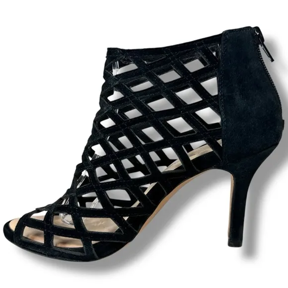 Sole Society Black Cage Sandals Portia Gladiator Suede Leather Heels, Size 5.5