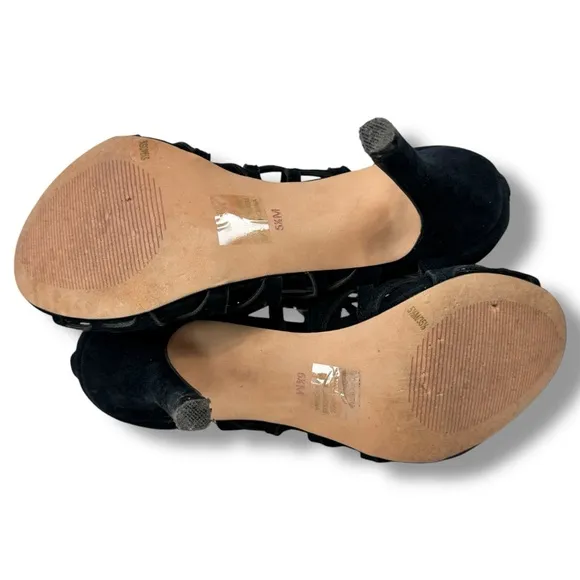 Sole Society Black Cage Sandals Portia Gladiator Suede Leather Heels, Size 5.5