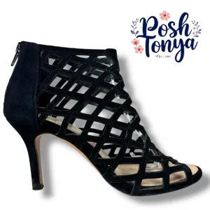 Sole Society Black Cage Sandals Portia Gladiator Suede Leather Heels, Size 5.5