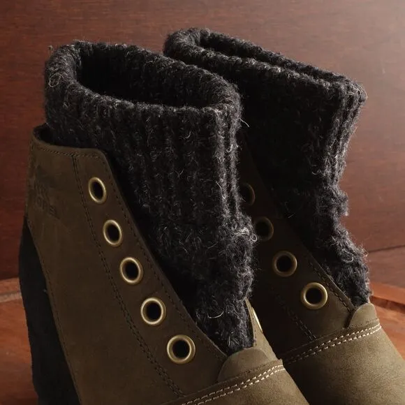 Sorel Boots Womens SZ 7 Green Joanie Sweater Wedge Leather Ankle Winter Casual