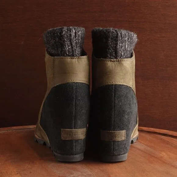 Sorel Boots Womens SZ 7 Green Joanie Sweater Wedge Leather Ankle Winter Casual