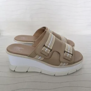 Sorel Womens Joanie III Beige Leather Wedge Slip On Slide Sandals Size 9