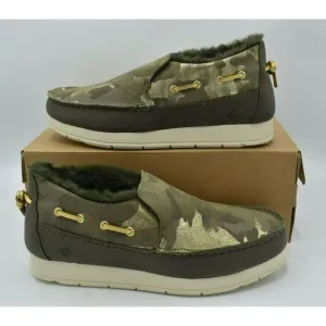 Sperry Womens 9.5 Moc-Sider Olive Metallic Camo Microfleece Lined Slip On Shoes