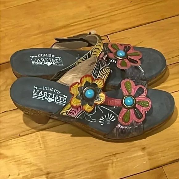 Spring Step L'Artiste Sandals Womens Heels Bari Leather Slides Floral Multi 42