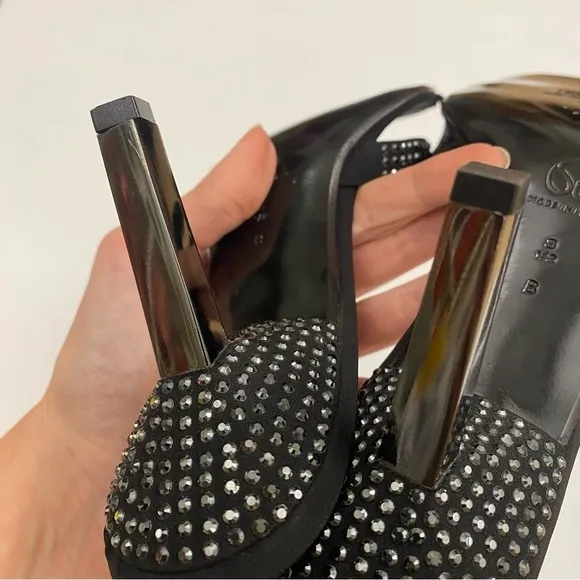 St. John || Crystal Rhinestone Embellished Black Satin Heels Slides Sandals 8.5
