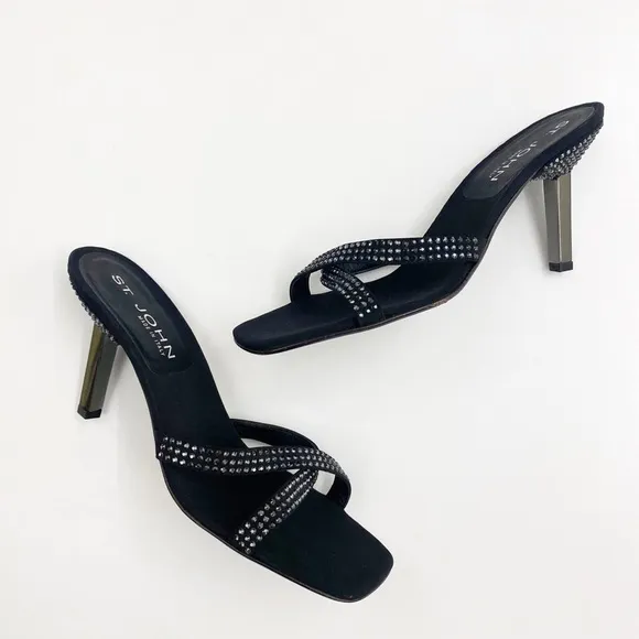 St. John || Crystal Rhinestone Embellished Black Satin Heels Slides Sandals 8.5