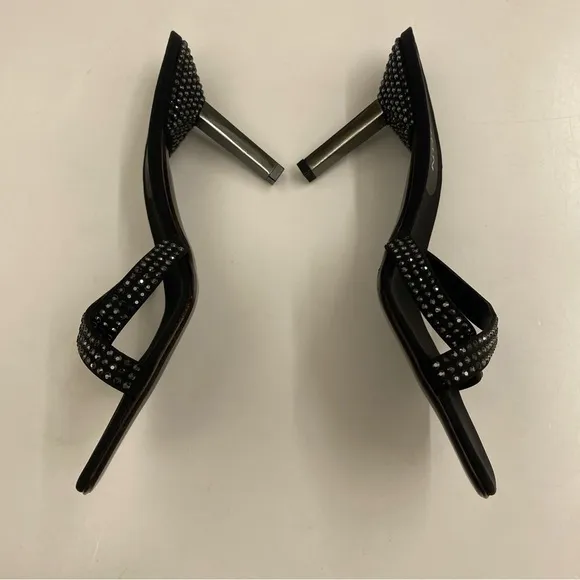 St. John || Crystal Rhinestone Embellished Black Satin Heels Slides Sandals 8.5